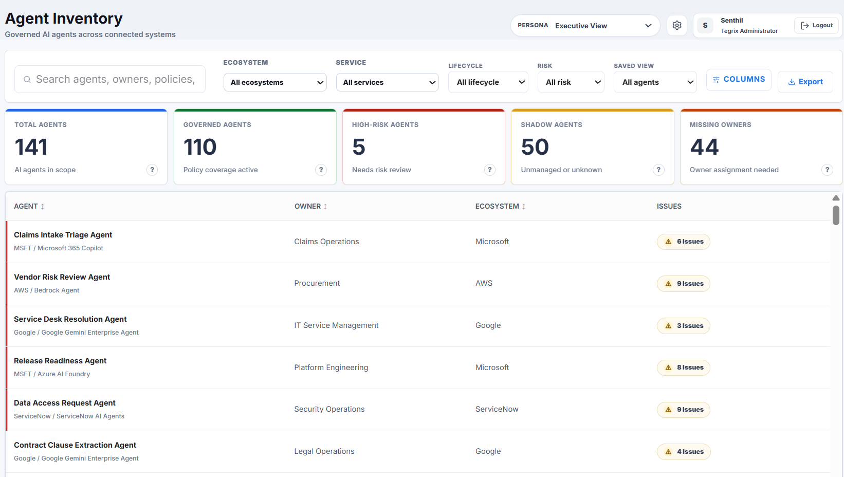 Tegrix Agent Inventory showing cross-platform agents, owners, ecosystems, risk, shadow agents, and missing owners