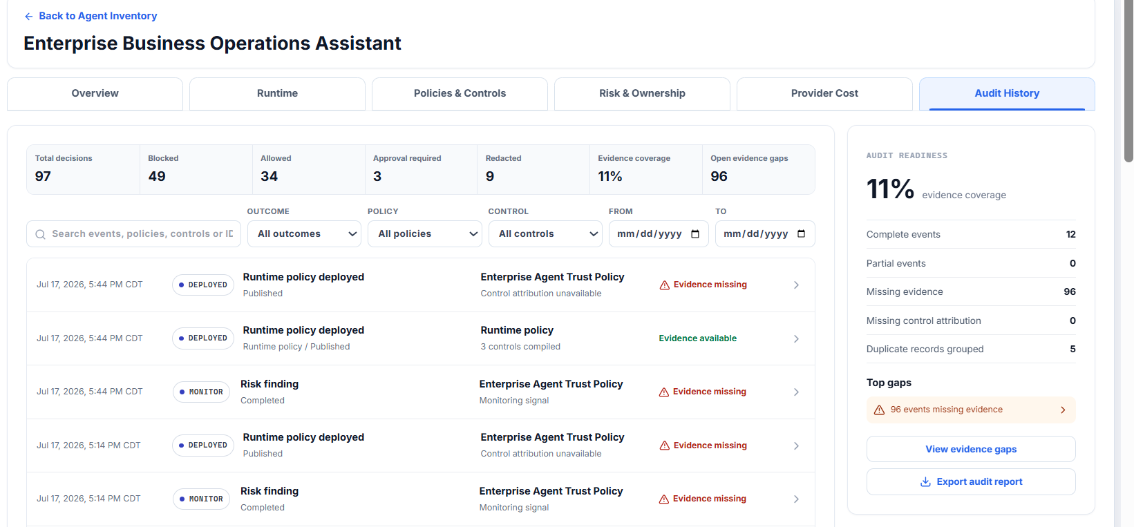 Tegrix Audit History showing decision history, evidence coverage, evidence gaps, and audit readiness